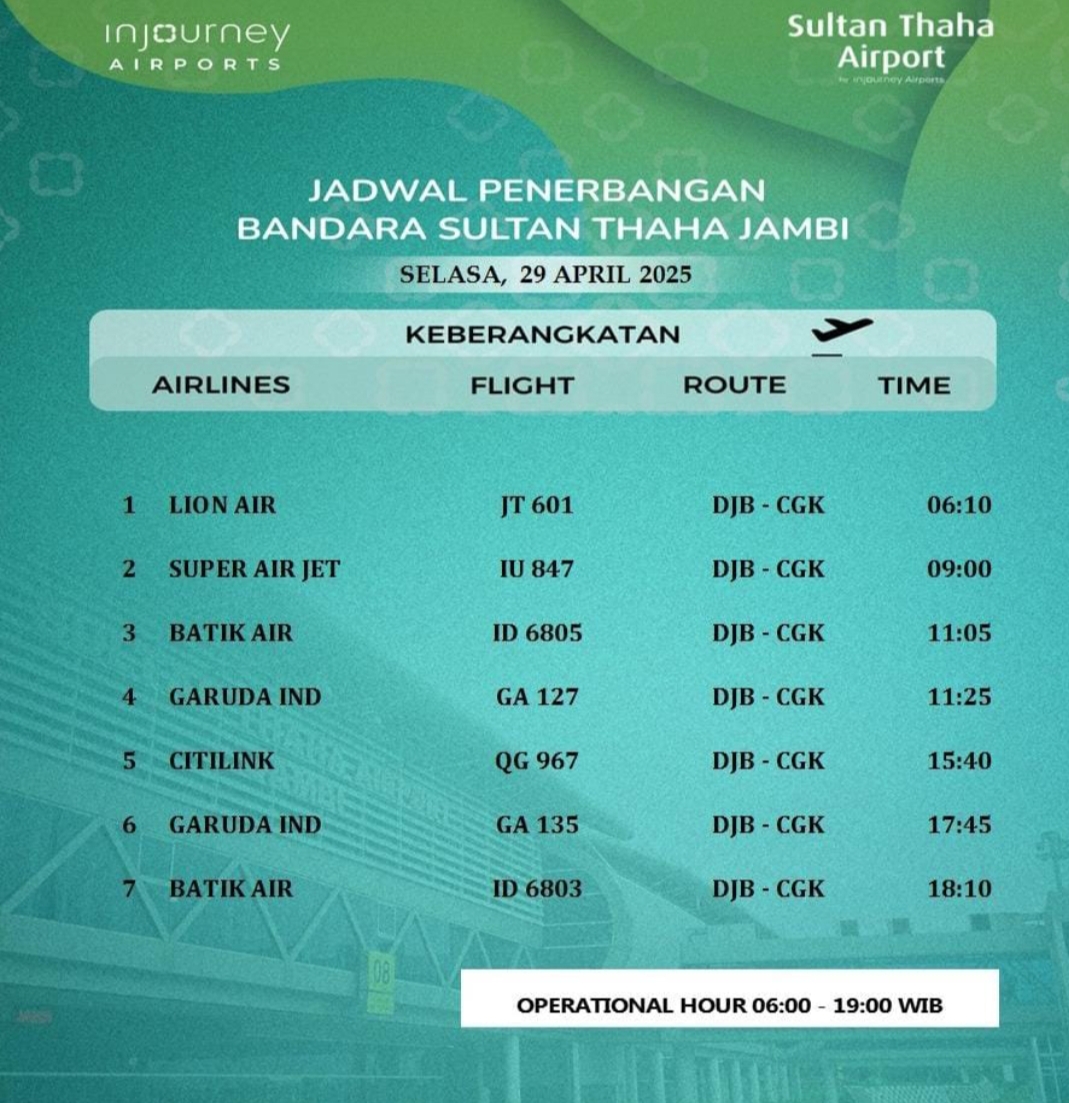 Jadwal Penerbangan Bandara Sultan Thaha Hari Ini 29 April 2025