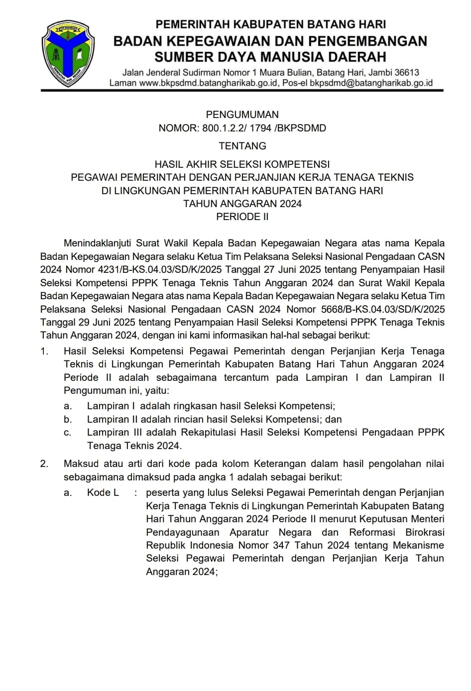BKPSDMD KELUARKAN HASIL SELEKSI PENERIMAAN PPPK TAHAP DUA