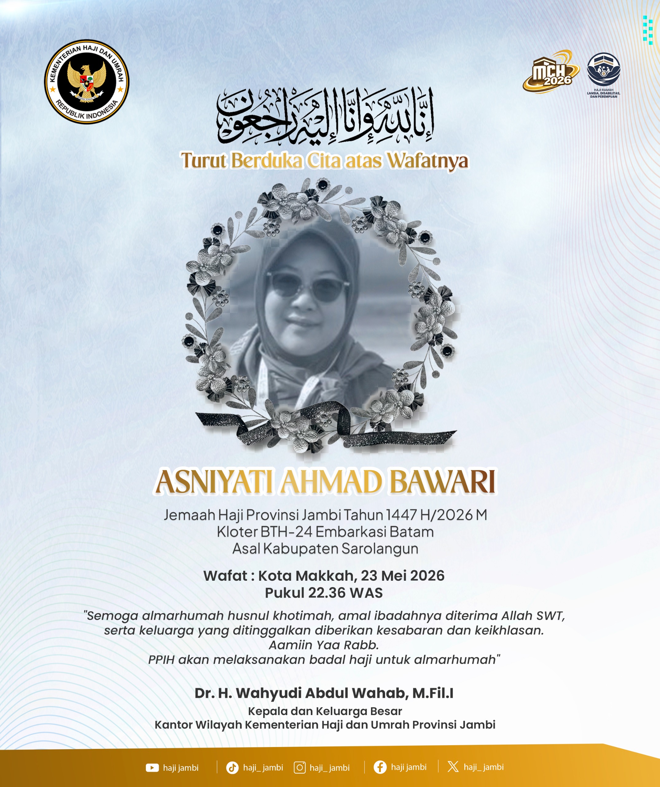Jemaah Haji Asal Sarolangun Wafat di Tanah Suci, Ibadah Haji Akan Dibadalkan PPIH
