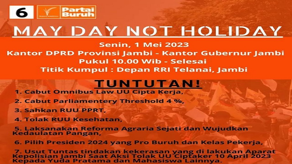 Gelar Aksi Hari Buruh Internasional, Partai Buruh Jambi Siapkan 7 Tuntutan di Tanggal 1 Mei
