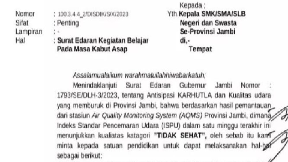 Kualitas Udara di Jambi Memburuk, Mulai Besok Pembelajaran di SMA, SMK, SLB Guna Terapkan Pembelajaran Daring