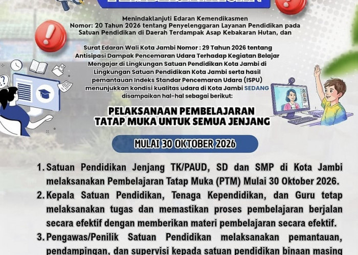 Kualitas Udara Masuk Kategori Sedang, PTM di Kota Jambi Kembali Berlaku 30 Oktober