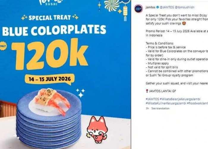 Promo Kuliner JAMTOS 14 Juli 2026, Ada Sushi 7 Piring Rp120 Ribu hingga Chatime Rp20 Ribu