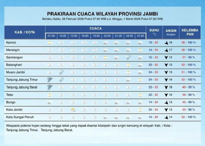 BMKG Ingatkan Potensi Hujan Lebat Disertai Petir di Tanjab Timur dan Tanjab Barat