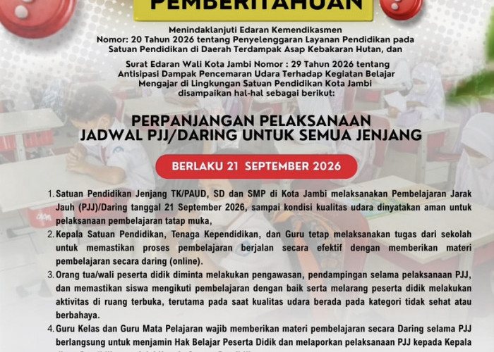 Kabut Asap Belum Reda, PJJ di Kota Jambi Kembali Diperpanjang