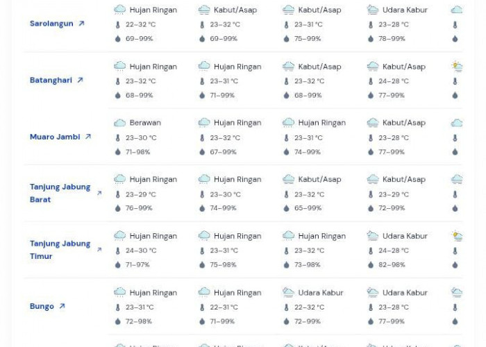 Prakiraan Cuaca Jambi 18 Maret 2026: Hujan Ringan Dominasi Hampir Seluruh Wilayah