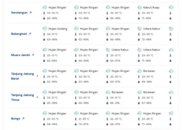 BMKG Prediksi Sebagian Besar Wilayah Jambi Diguyur Hujan Ringan 7–10 Maret 2026