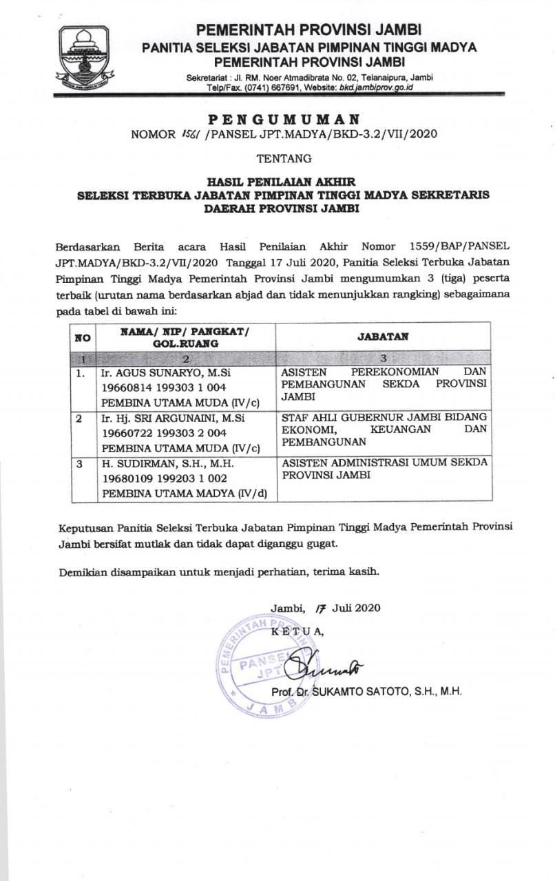 Tiga Besar Lelang Sekda Provinsi Jambi Sudah Keluar