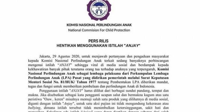 Mengenal Dua Makna Kata Anjay dalam Surat Edaran Komnas PA